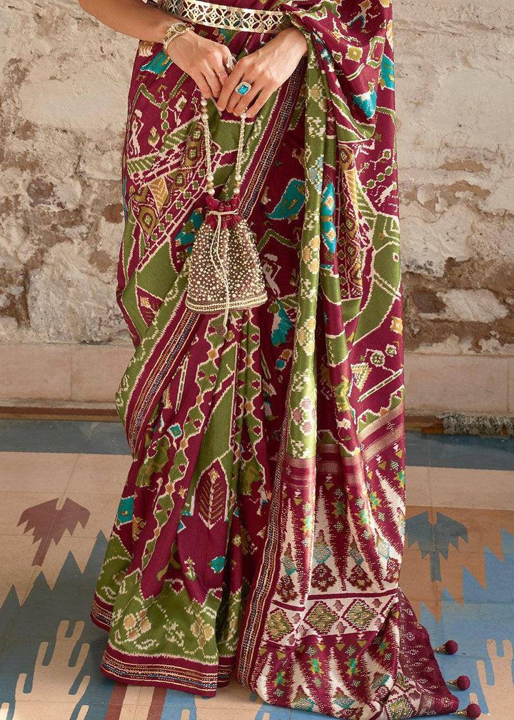 Brown & Green Printed Patola Silk Saree with Zari Border & Tassels on Pallu | Stitched Blouse - qivii