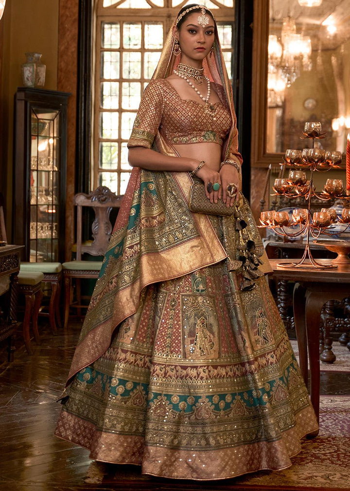 Brown & Green Ready to Wear Designer Silk Lehenga Choli with Sparkle & Mirror work - qivii