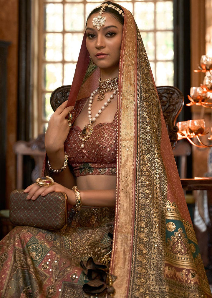 Brown & Green Ready to Wear Designer Silk Lehenga Choli with Sparkle & Mirror work - qivii