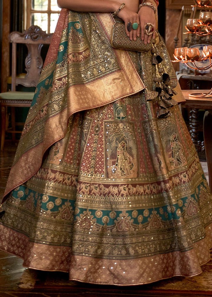 Brown & Green Ready to Wear Designer Silk Lehenga Choli with Sparkle & Mirror work - qivii