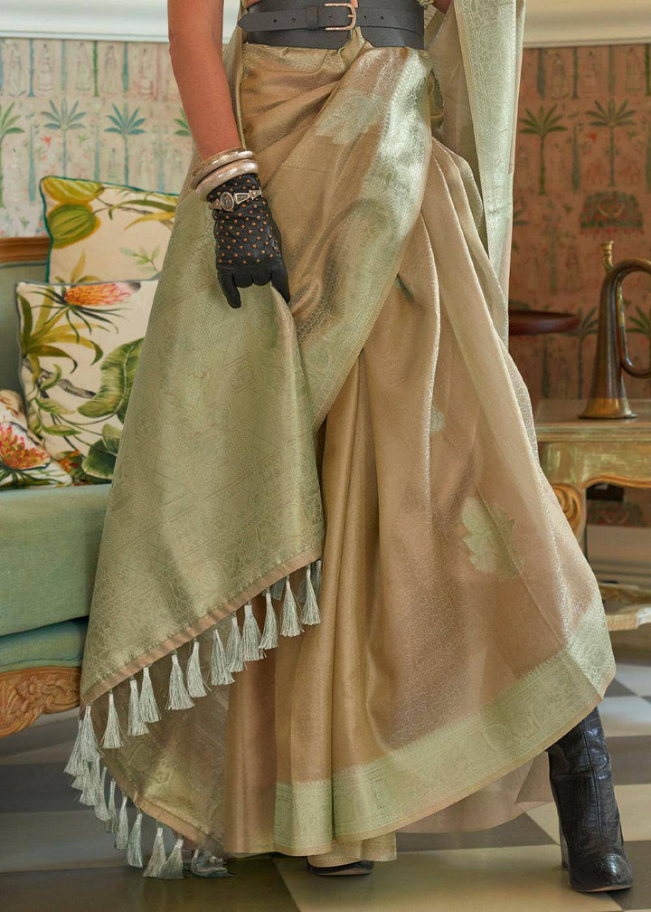 Brown & Green Woven Satin Tissue Silk Saree | Stitched Blouse - qivii