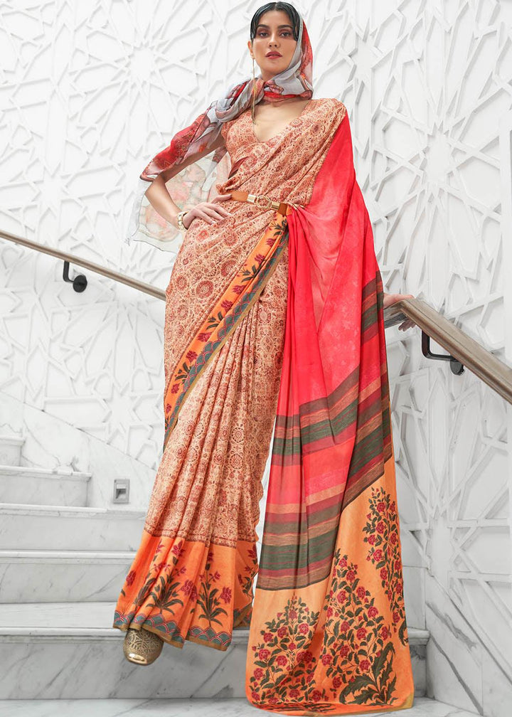 Brown & Pink Digital Floral Printed Crepe Silk Saree | Stitched Blouse - qivii