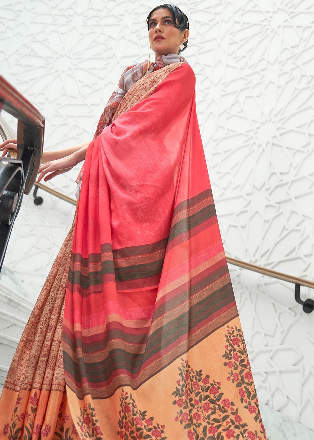 Brown & Pink Digital Floral Printed Crepe Silk Saree | Stitched Blouse - qivii