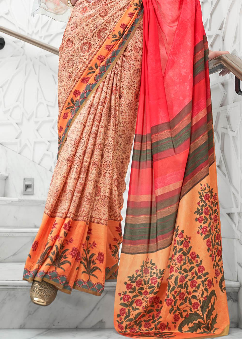 Brown & Pink Digital Floral Printed Crepe Silk Saree | Stitched Blouse - qivii