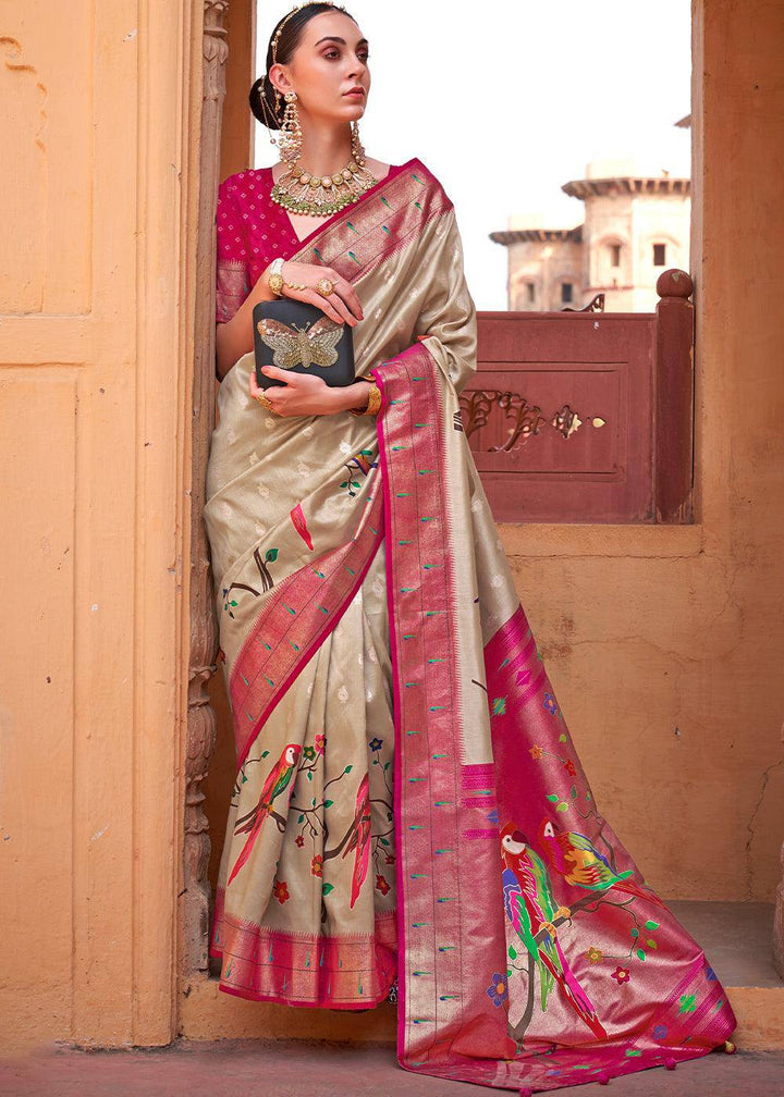 Brown & Pink Paithani Silk Saree | Stitched Blouse - qivii