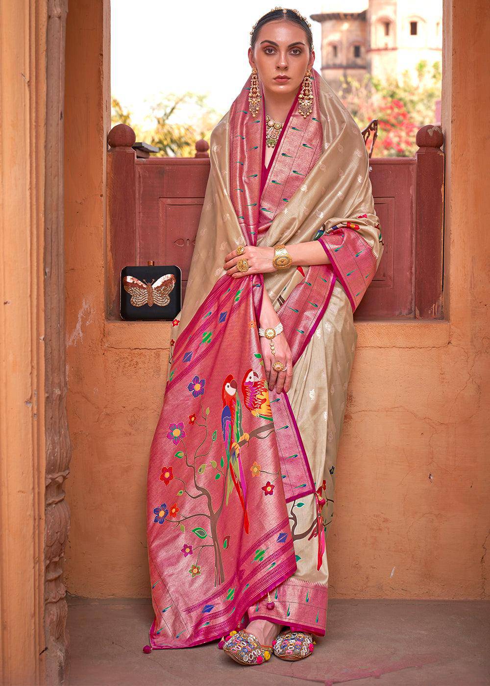 Brown & Pink Paithani Silk Saree | Stitched Blouse - qivii