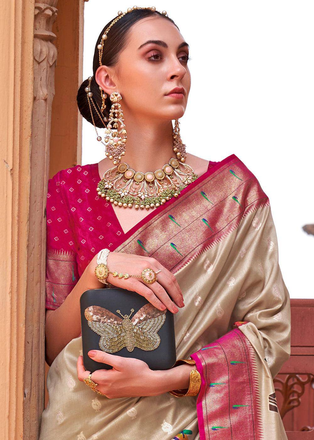 Brown & Pink Paithani Silk Saree | Stitched Blouse - qivii