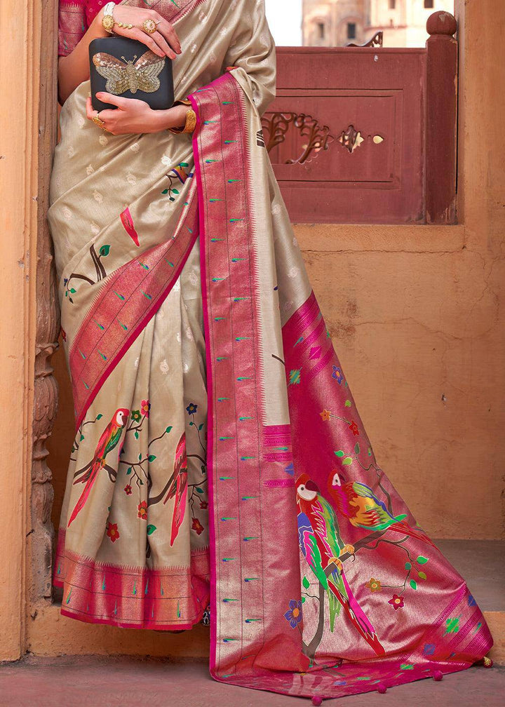 Brown & Pink Paithani Silk Saree | Stitched Blouse - qivii