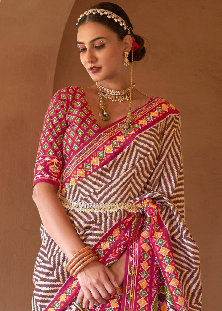 Brown & Pink Printed Patola Silk Saree with Zari Border & Tassels on Pallu | Stitched Blouse - qivii