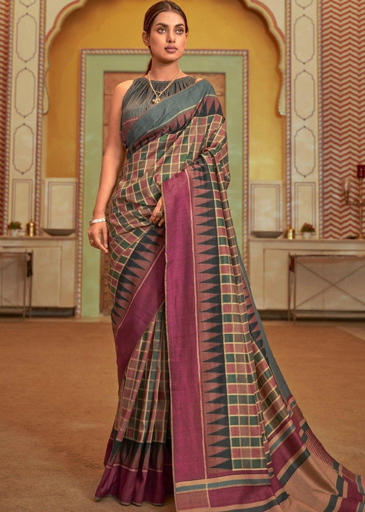 Brown & Purple Designer Checkered Silk Saree | Stitched Blouse - qivii