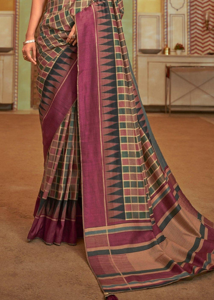 Brown & Purple Designer Checkered Silk Saree | Stitched Blouse - qivii