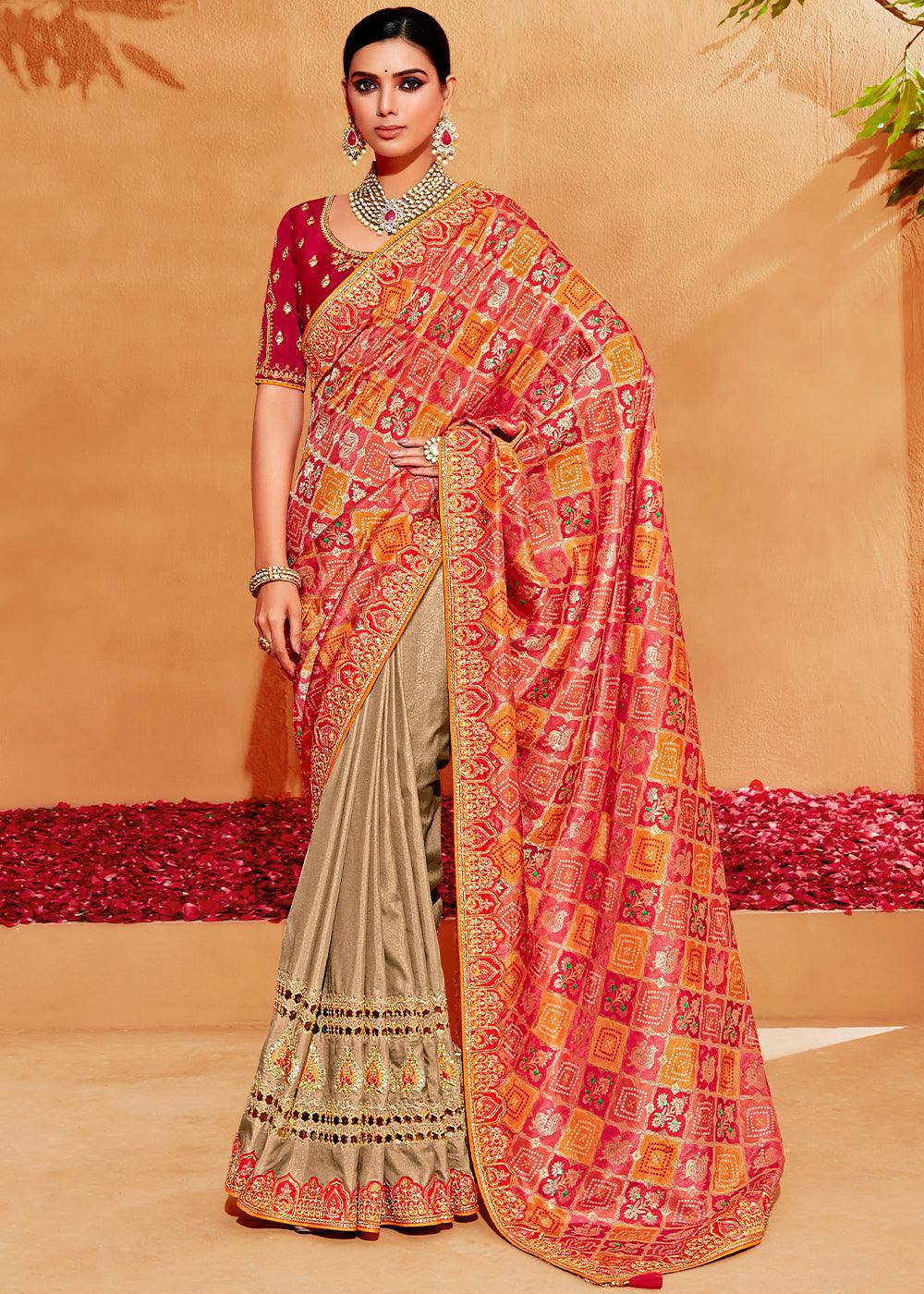 Brown & Red Half N Half Heavy Embroidered Banarasi Silk Saree | Stitched Blouse - qivii