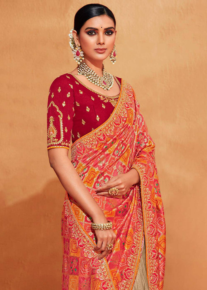 Brown & Red Half N Half Heavy Embroidered Banarasi Silk Saree | Stitched Blouse - qivii