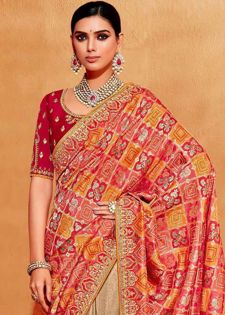 Brown & Red Half N Half Heavy Embroidered Banarasi Silk Saree | Stitched Blouse - qivii