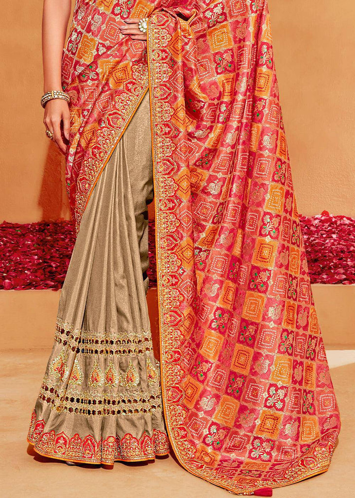 Brown & Red Half N Half Heavy Embroidered Banarasi Silk Saree | Stitched Blouse - qivii