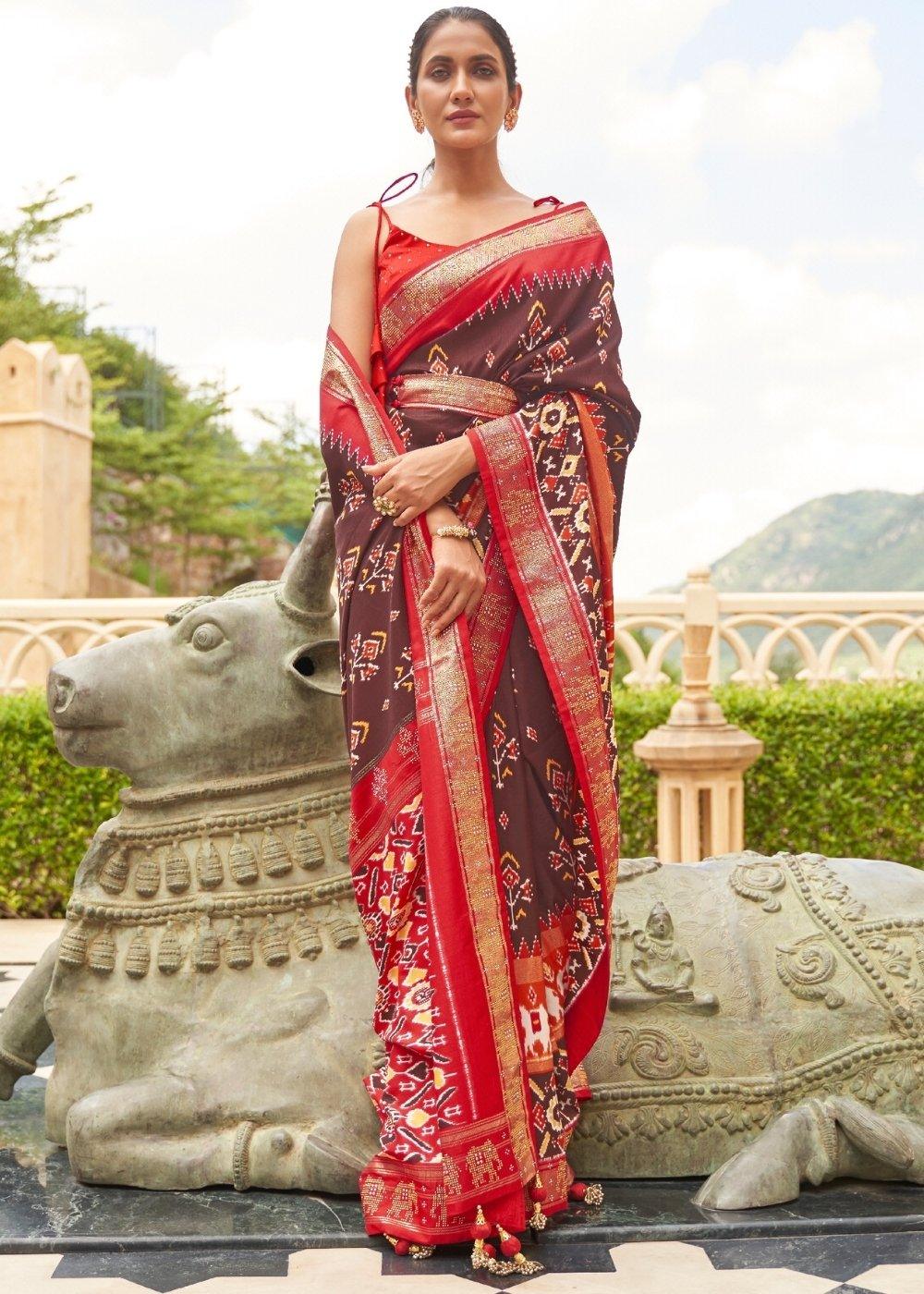 Brown & Red Patola Silk Saree with Zari Border & Tassels On Pallu | Stitched Blouse - qivii