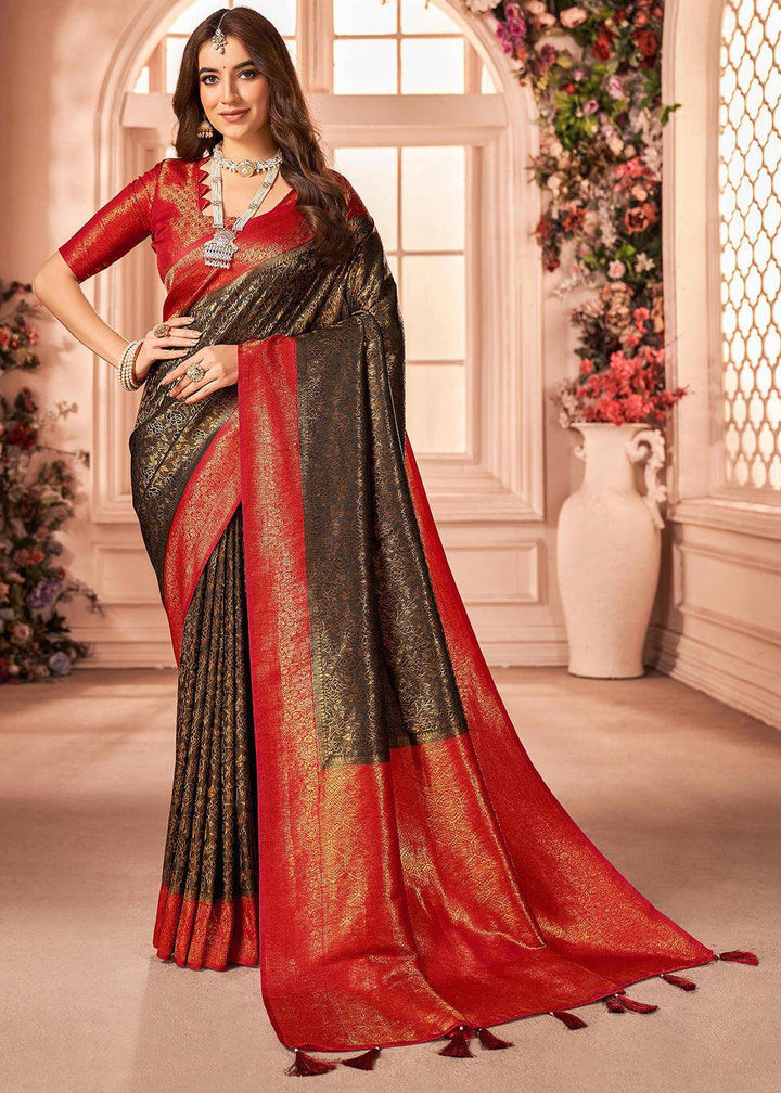 Brown & Red Zari Woven Designer Silk Saree | Stitched Blouse - qivii