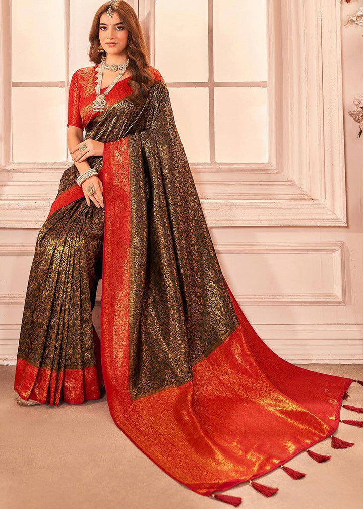 Brown & Red Zari Woven Designer Silk Saree | Stitched Blouse - qivii