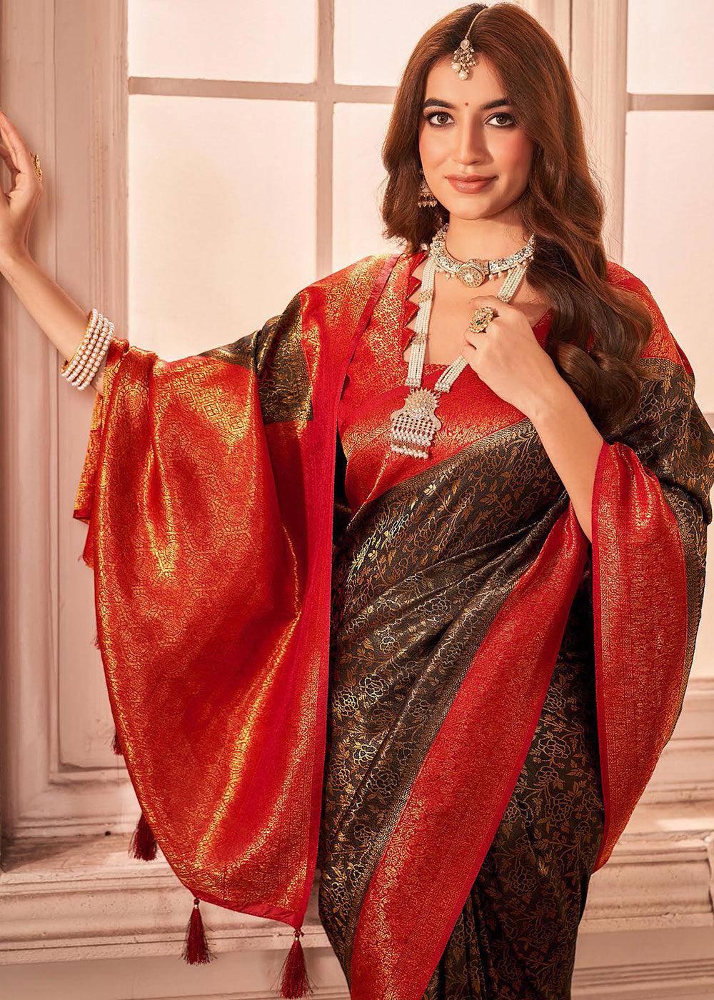 Brown & Red Zari Woven Designer Silk Saree | Stitched Blouse - qivii