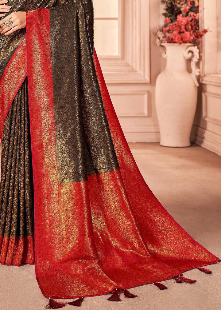 Brown & Red Zari Woven Designer Silk Saree | Stitched Blouse - qivii