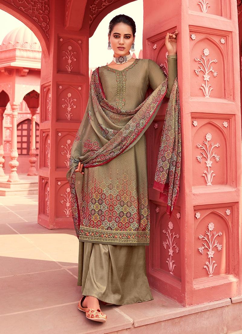 Brown Color Crepe Fabric Stone Work Printed Palazzo Salwar Suit - qivii