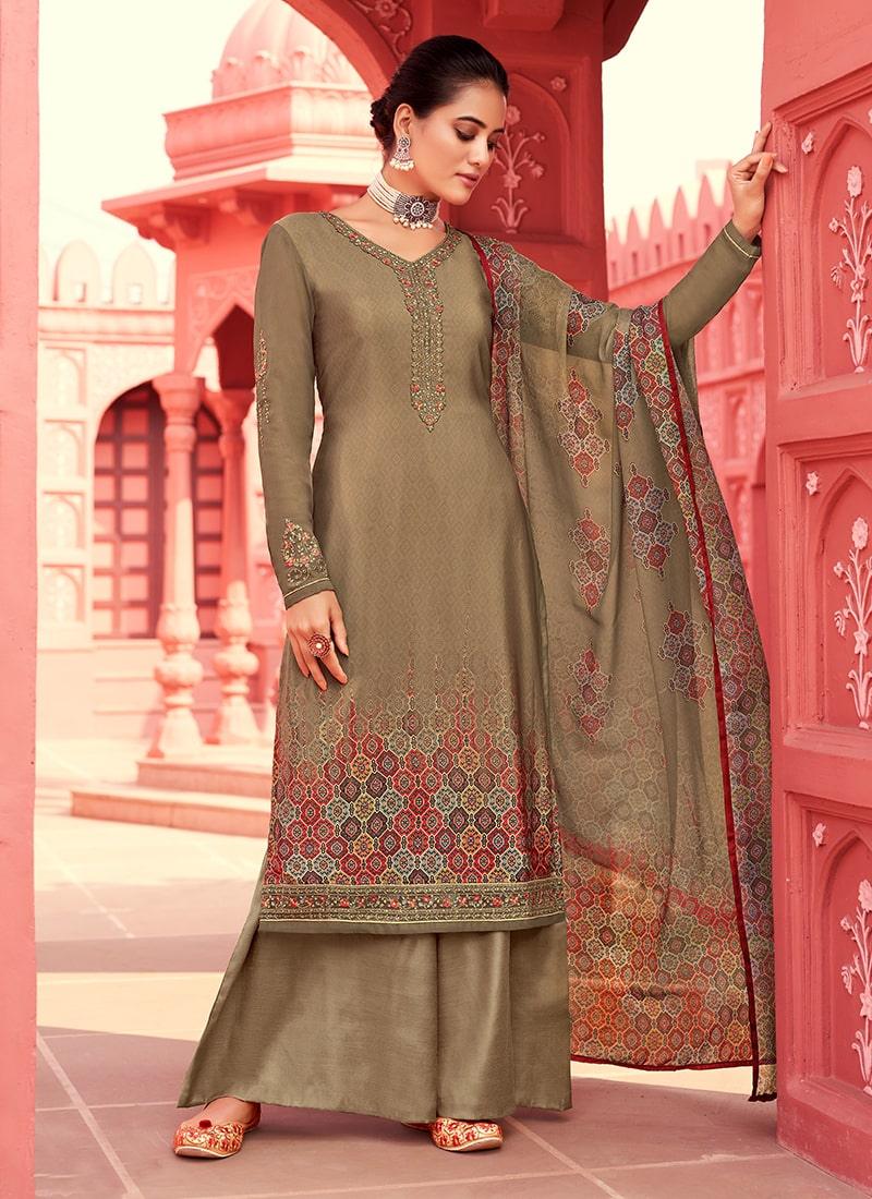 Brown Color Crepe Fabric Stone Work Printed Palazzo Salwar Suit - qivii