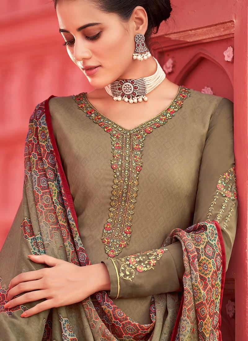 Brown Color Crepe Fabric Stone Work Printed Palazzo Salwar Suit - qivii