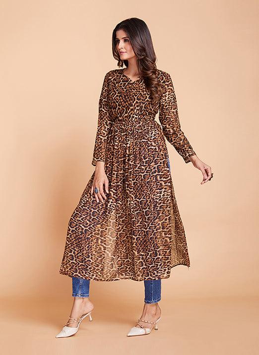 Brown Georgette Western Wear Kurti with Printed Design by Qivii