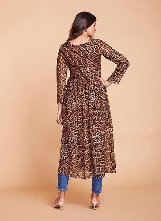 Brown Georgette Western Wear Kurti with Printed Design by Qivii