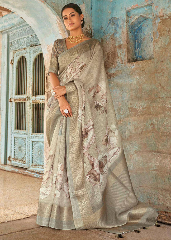 Brownish Grey Floral Printed linen Saree with Zari Border | Stitched Blouse - qivii