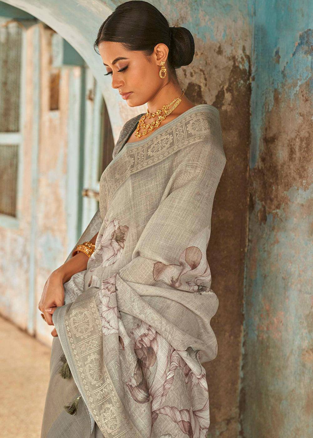 Brownish Grey Floral Printed linen Saree with Zari Border | Stitched Blouse - qivii