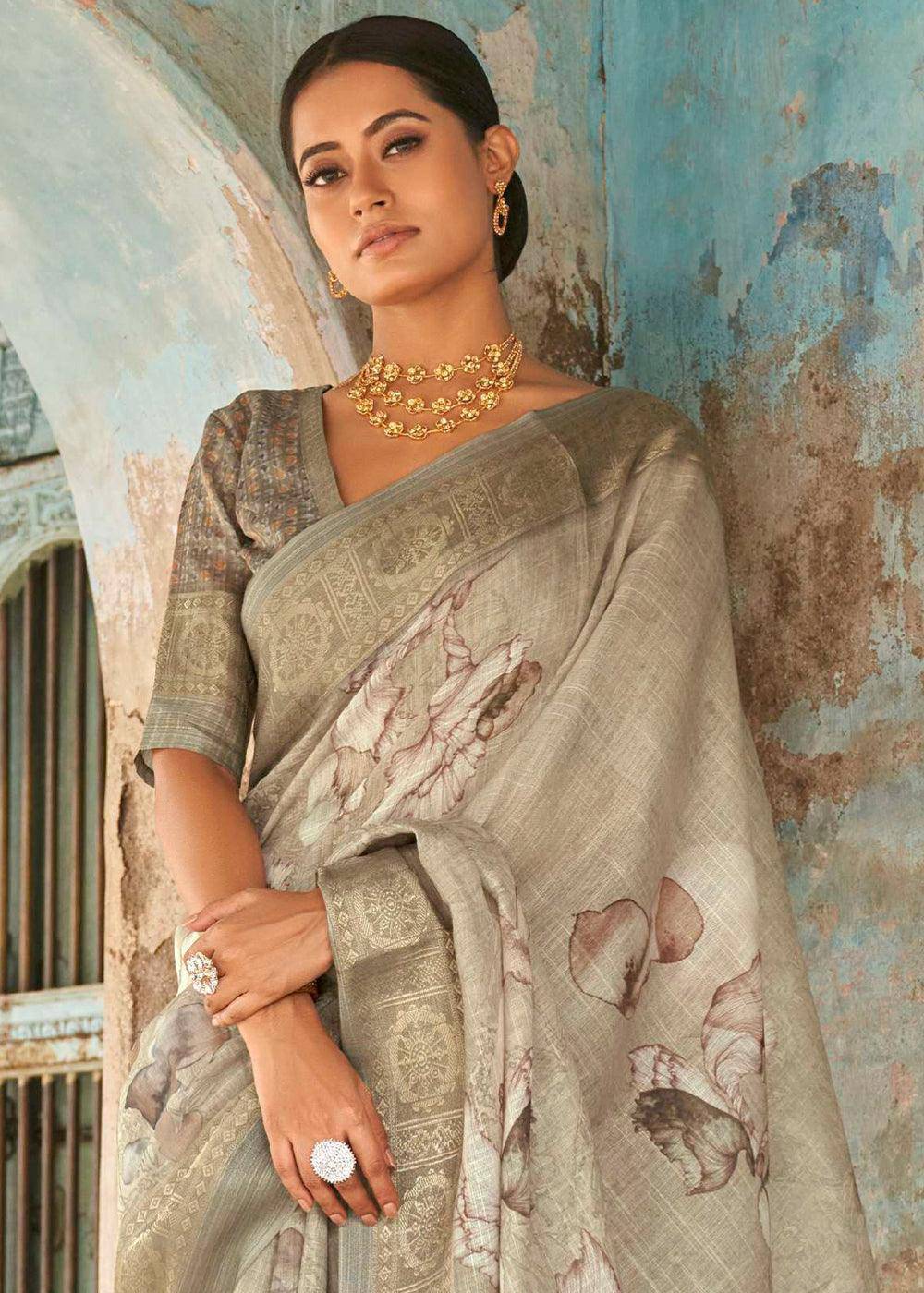 Brownish Grey Floral Printed linen Saree with Zari Border | Stitched Blouse - qivii