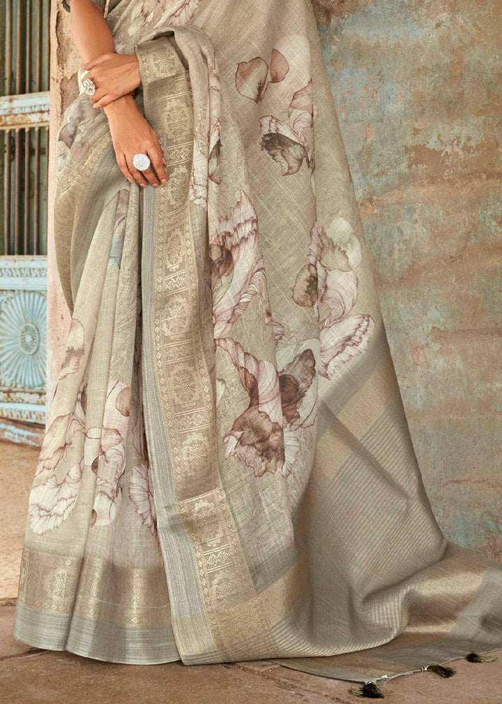 Brownish Grey Floral Printed linen Saree with Zari Border | Stitched Blouse - qivii