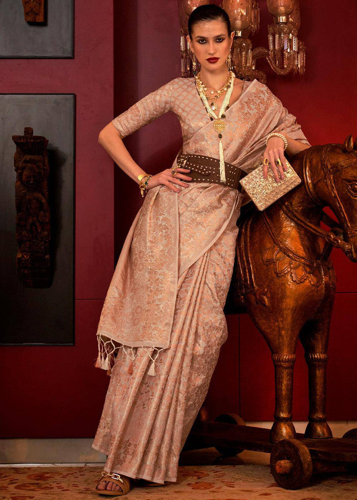 Brownish Grey Zari Woven Banarasi Brocade Silk Saree | Stitched Blouse - qivii