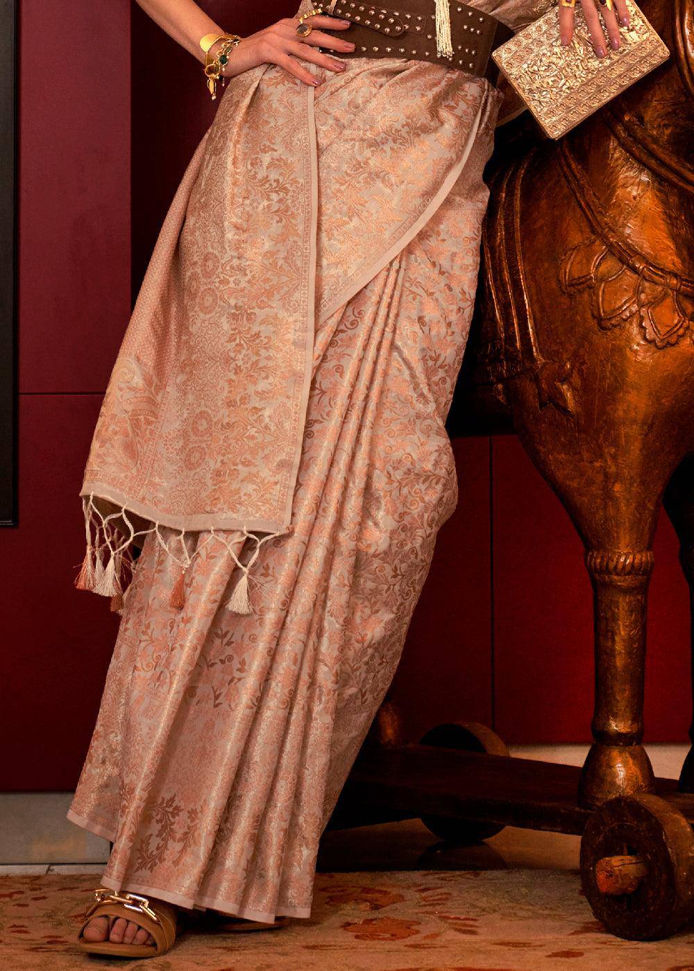 Brownish Grey Zari Woven Banarasi Brocade Silk Saree | Stitched Blouse - qivii