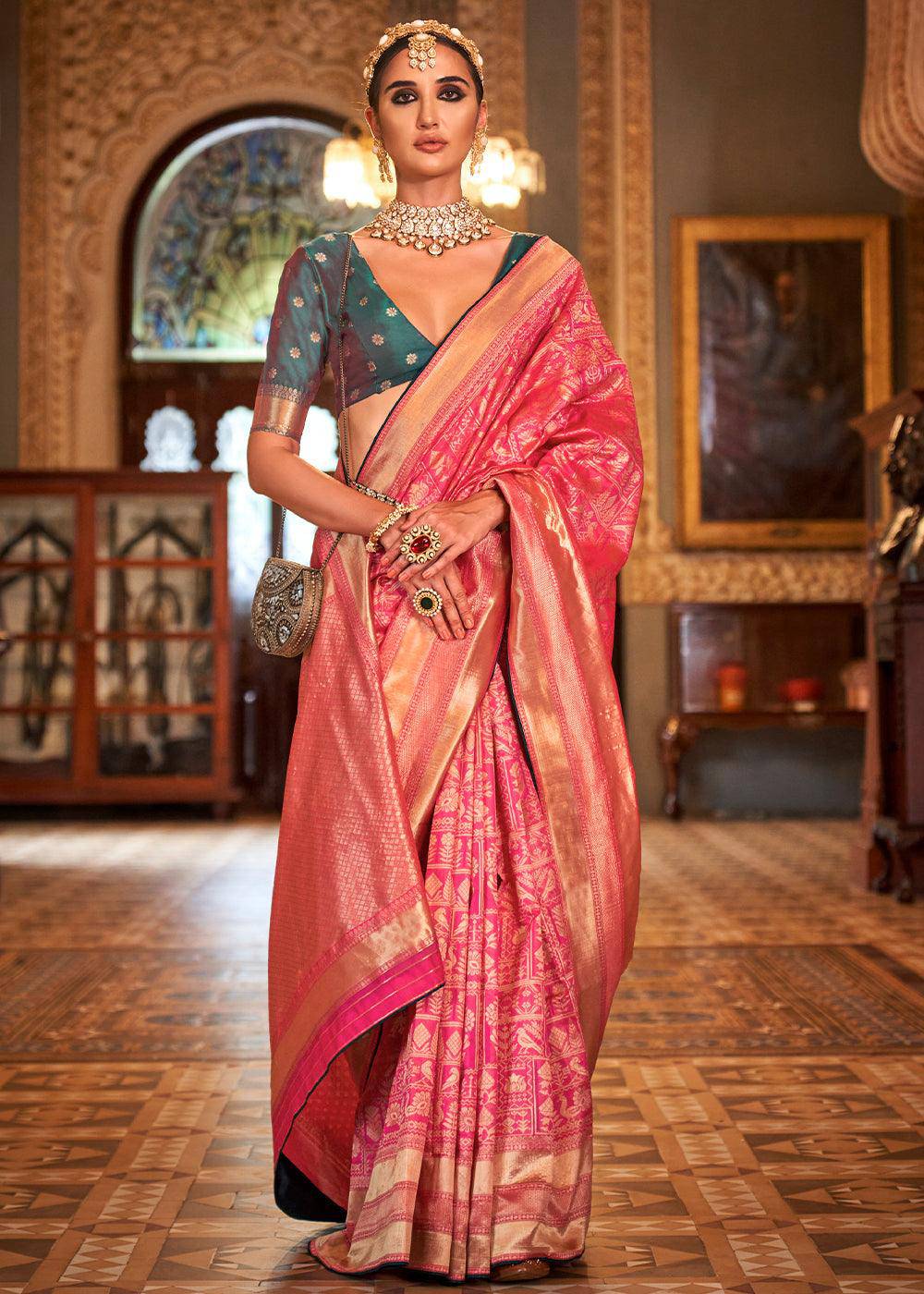 Bubble Gum Pink Zari Woven Banarasi Silk Saree | Stitched Blouse - qivii