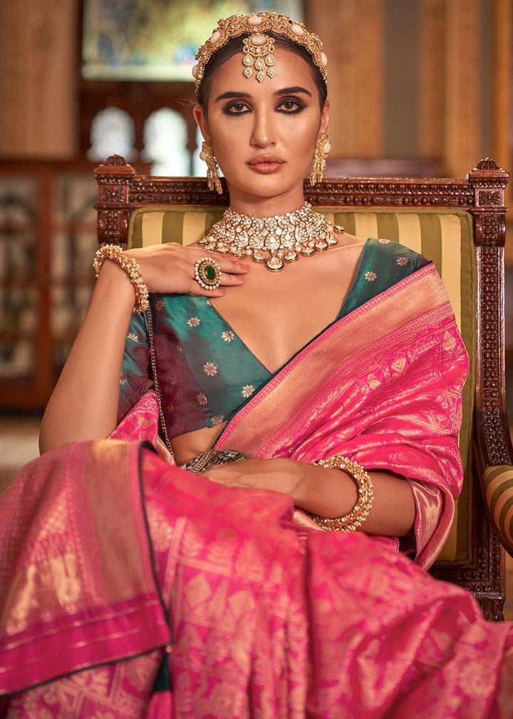 Bubble Gum Pink Zari Woven Banarasi Silk Saree | Stitched Blouse - qivii