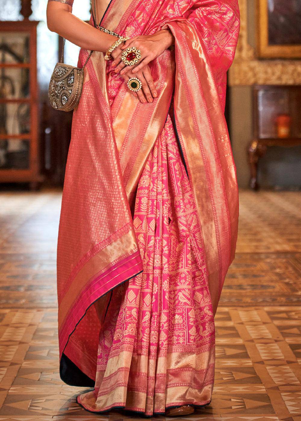 Bubble Gum Pink Zari Woven Banarasi Silk Saree | Stitched Blouse - qivii