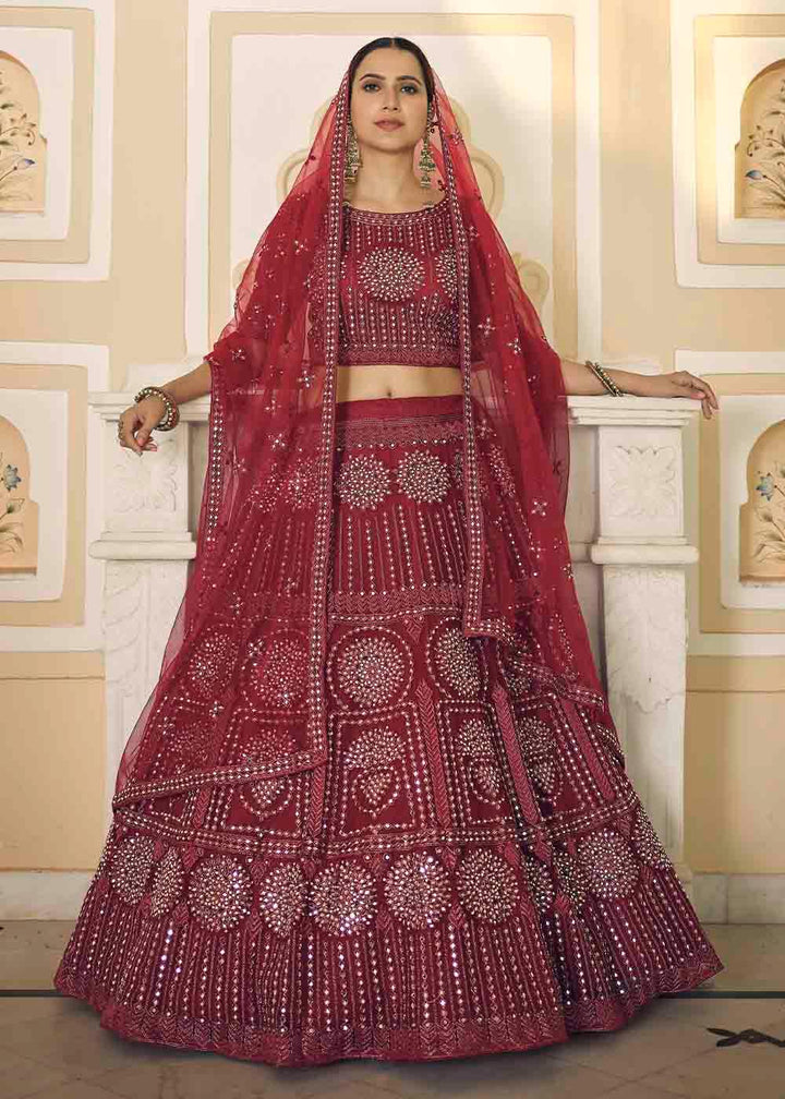 Burgandy Red Soft Net Lehenga Choli with Dori & Mirror work - qivii