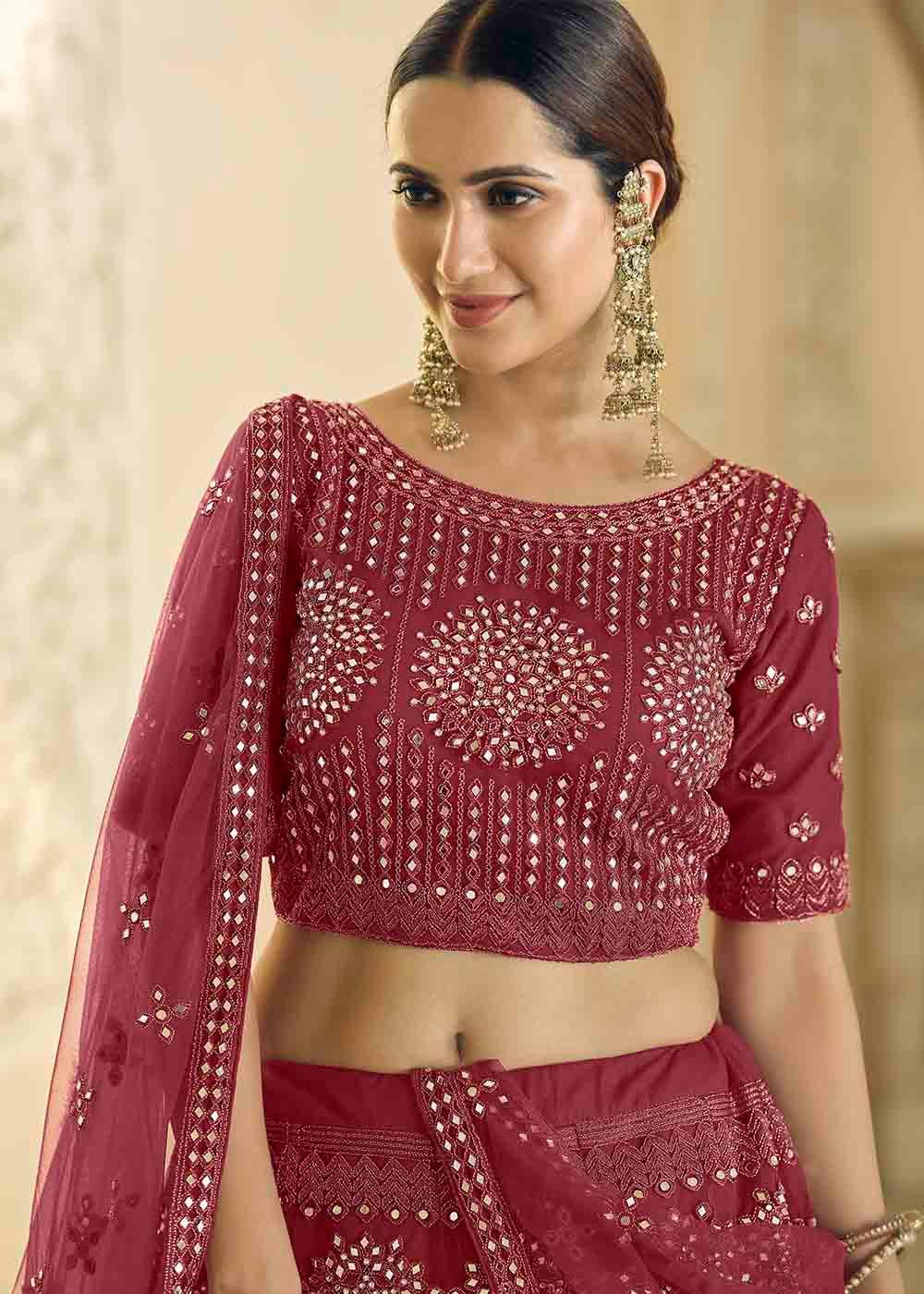 Burgandy Red Soft Net Lehenga Choli with Dori & Mirror work - qivii