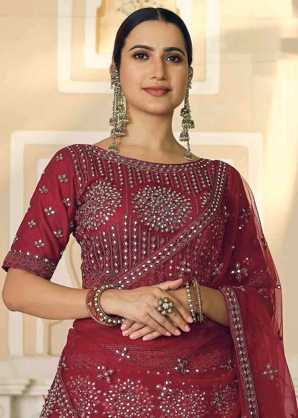 Burgandy Red Soft Net Lehenga Choli with Dori & Mirror work - qivii