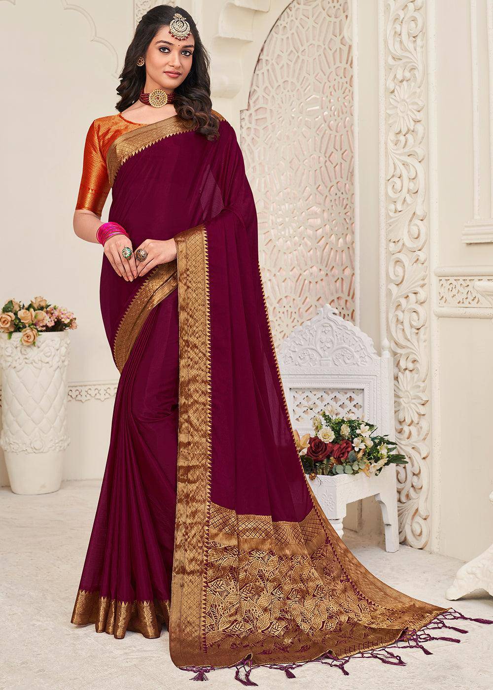 Burgundy Purple Woven Chinon Silk Saree | Stitched Blouse - qivii