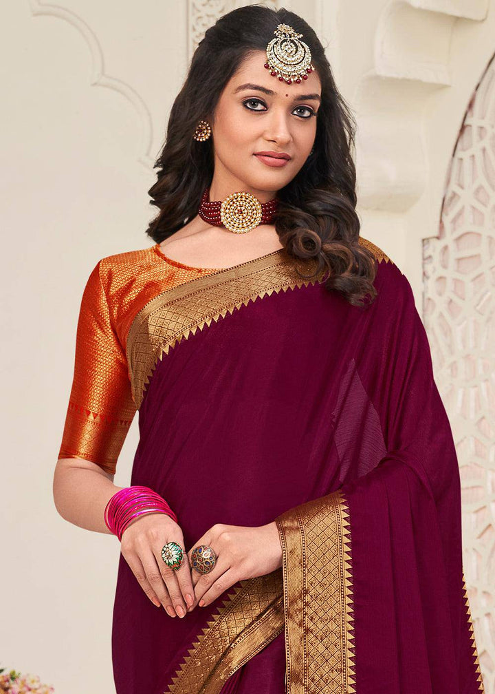 Burgundy Purple Woven Chinon Silk Saree | Stitched Blouse - qivii