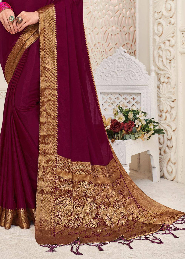 Burgundy Purple Woven Chinon Silk Saree | Stitched Blouse - qivii