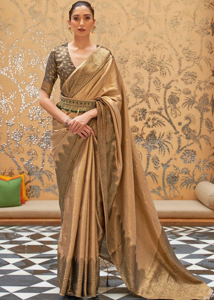 Burlywood Brown Zari Woven Kanjivaram Silk Saree | Stitched Blouse - qivii