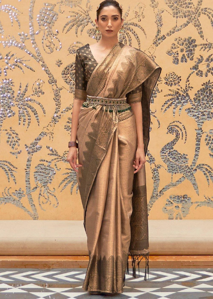 Burlywood Brown Zari Woven Kanjivaram Silk Saree | Stitched Blouse - qivii