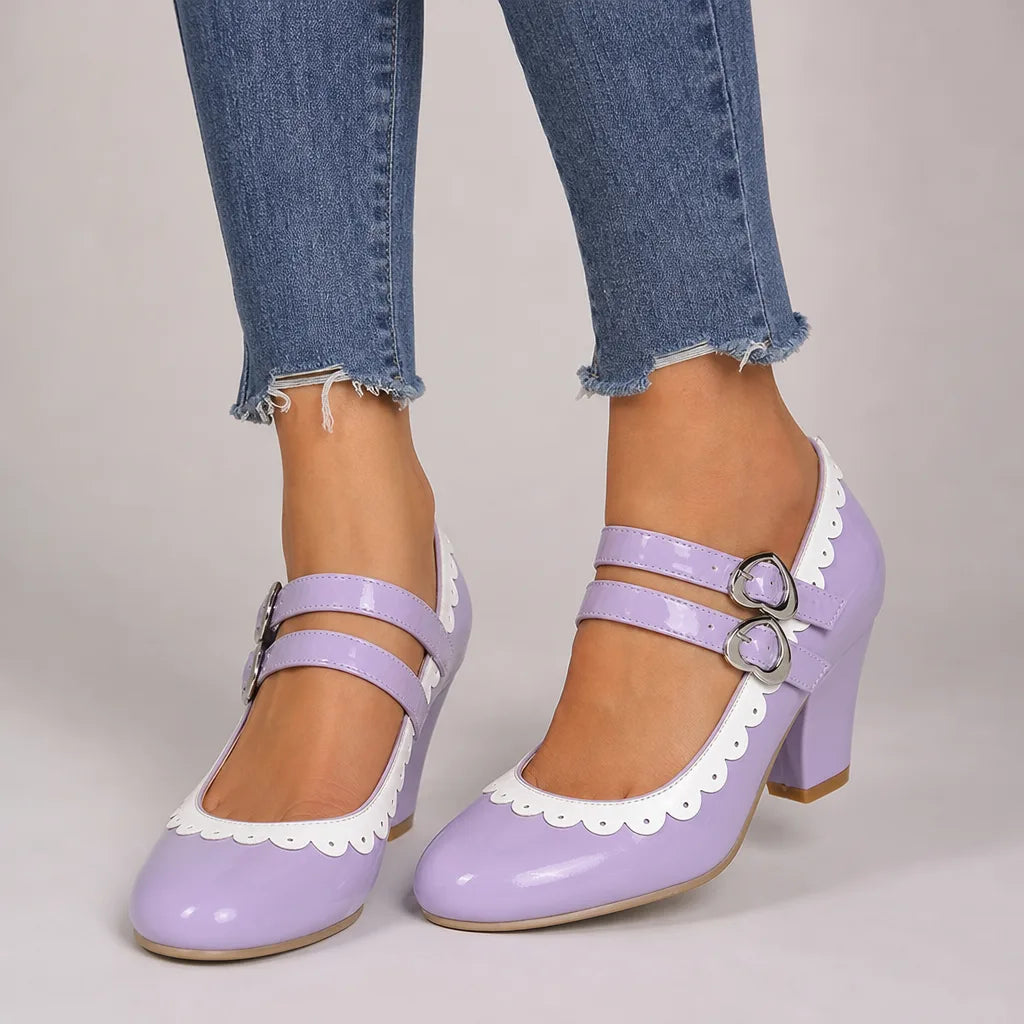 Purple Burnett Women's Orthopedic Mary Jane Heels by Qivii, stylish and supportive footwear with adjustable straps and comfortable sole.