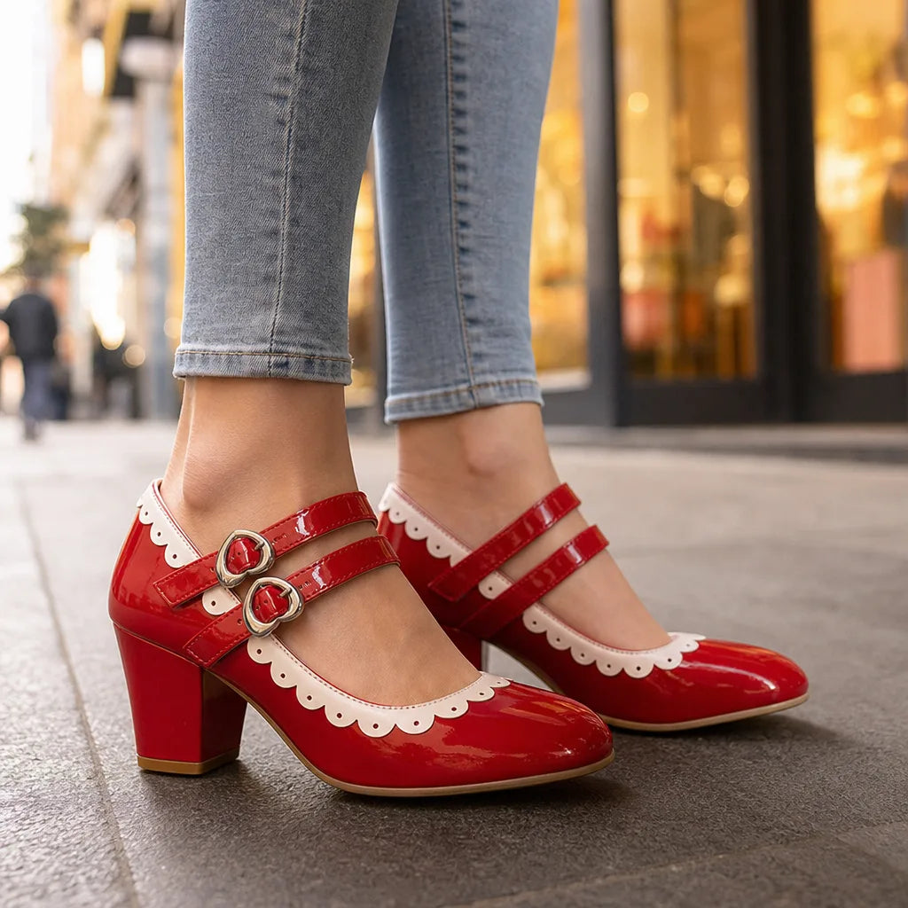 Red Burnett women's orthopedic Mary Jane heels by Hudson Ridge, featuring supportive design and classic style.