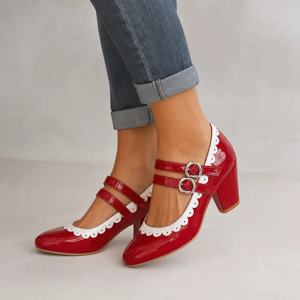 Red Burnett Women's Orthopedic Mary Jane Heels by Qivii, stylish footwear with supportive design for comfortable wear.