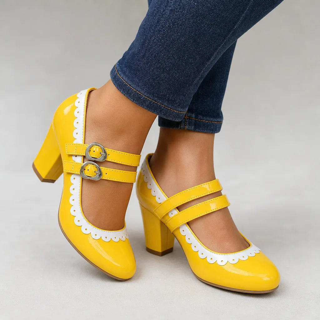 Yellow Burnett women's orthopedic Mary Jane heels by Qivii, featuring comfortable design and classic style for women's footwear.
